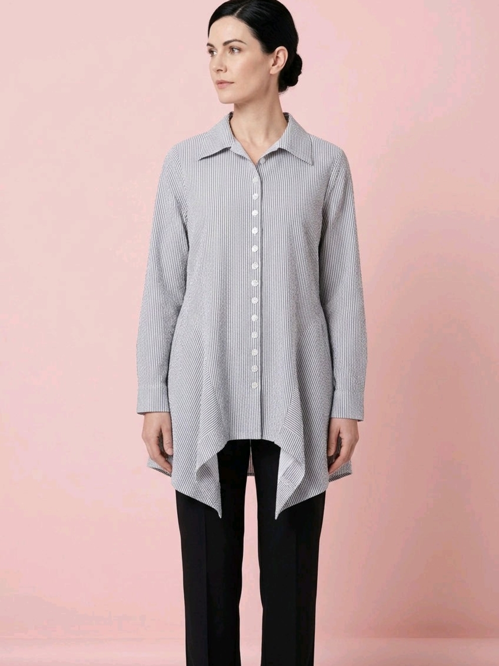 Women's Gray Pinstripe Tunic Button-Up Top